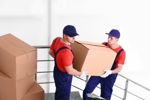 Removal team sorting recyclable items into separate boxes in Balham