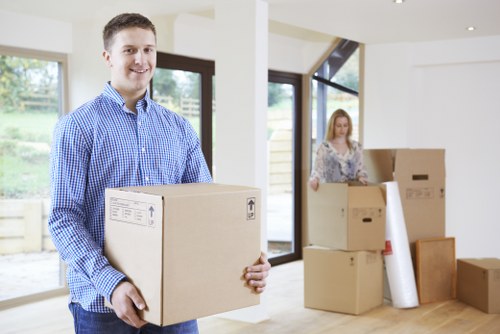 Packed office items ready for office removals in Balham