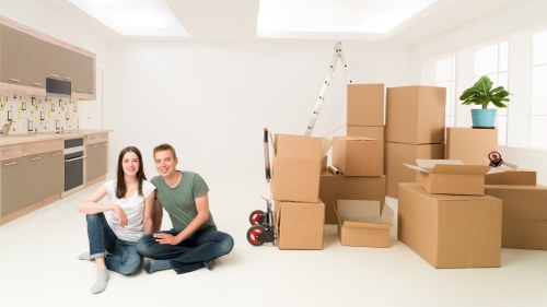 A neatly labeled moving box setup for Balham relocation