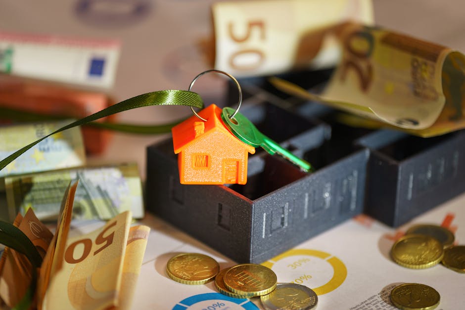 Close-up of a small orange plastic house-shaped keychain attached to a green ribbon, resting on a black foam tray filled with rolled euro banknotes in various denominations, surrounded by scattered co